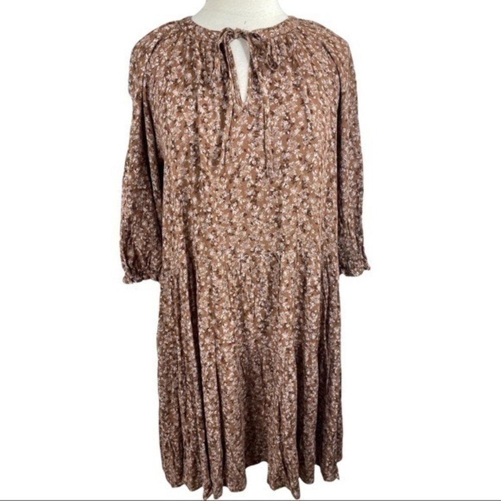 boho floral swing dress earth tone brown cream prairie ditzy floral loose fit L
